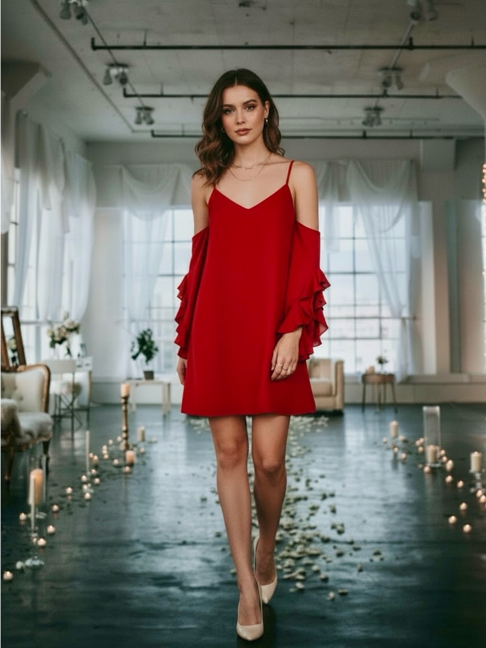 Amanda Uprichard Gianna Ruffle Sleeve Mini Dress in Red Size XS